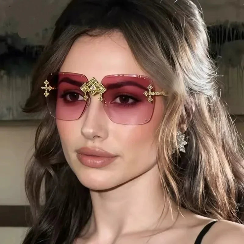 Vintage Rimless Square Cutting Lens Women Men Luxury Brand Designer Sunglasses Popular Punk Diamond Cross Sun Glasses UV400