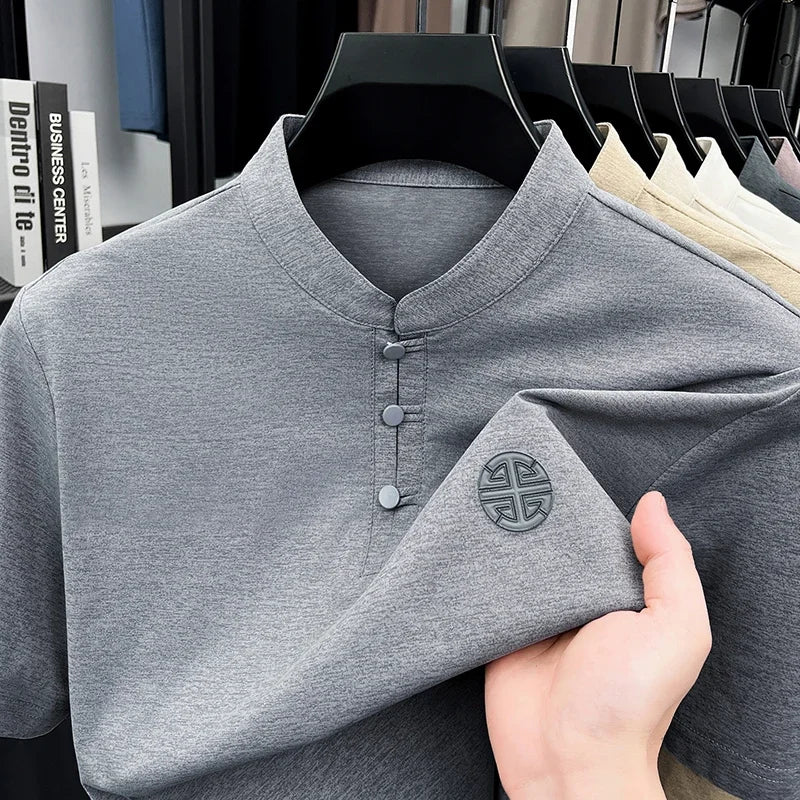 Mens Big And Tall Stand Collar Henley Shirt Short Sleeve Loose Fit