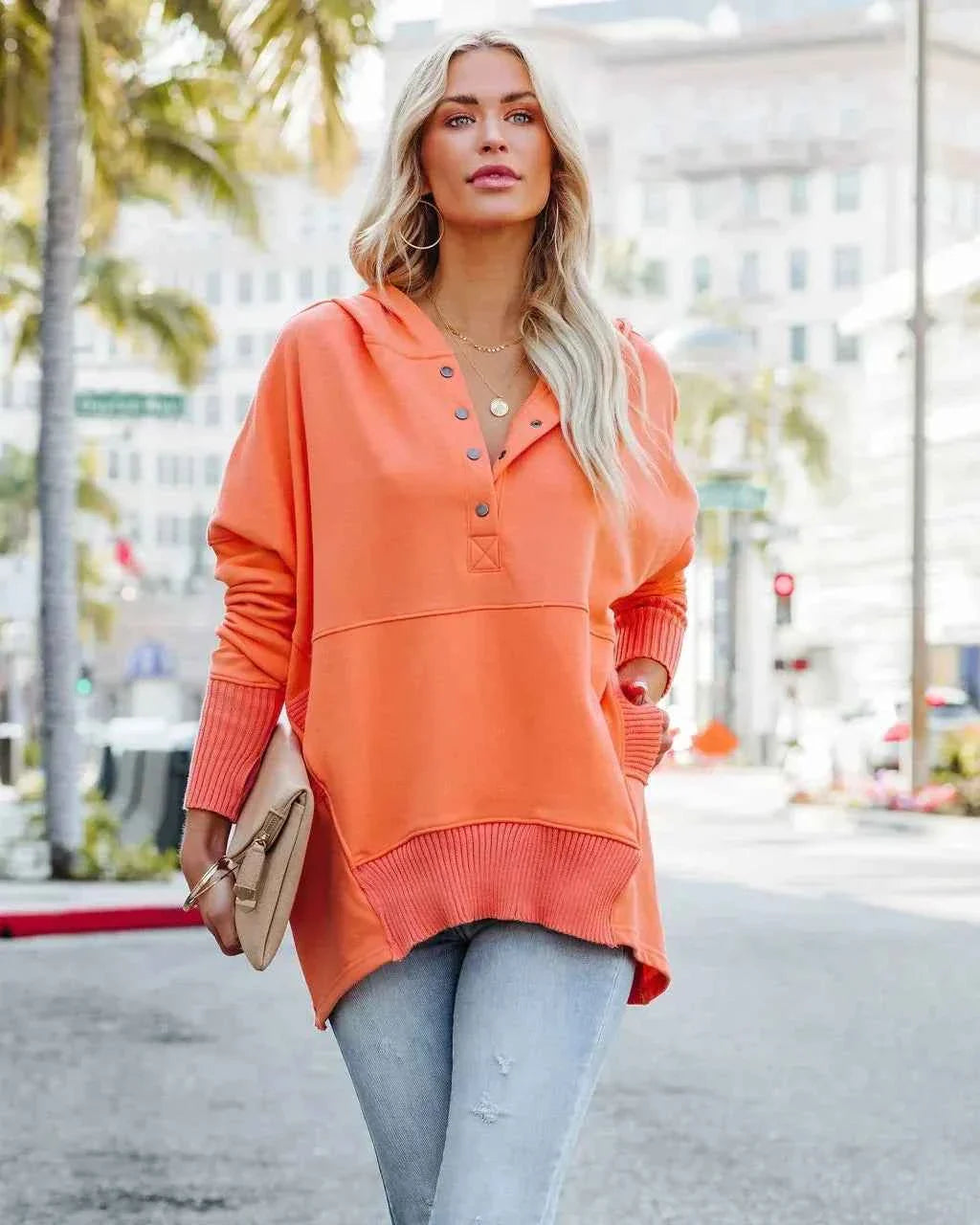White Hooded Women's Sweatshirt - Casual Batwing Sleeve Pullover