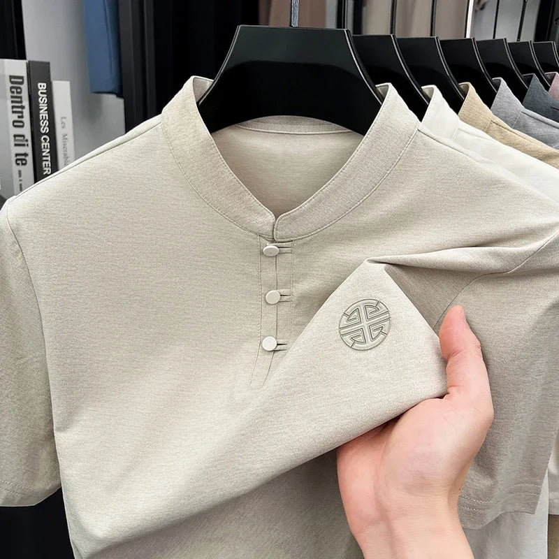 Mens Big And Tall Stand Collar Henley Shirt Short Sleeve Loose Fit