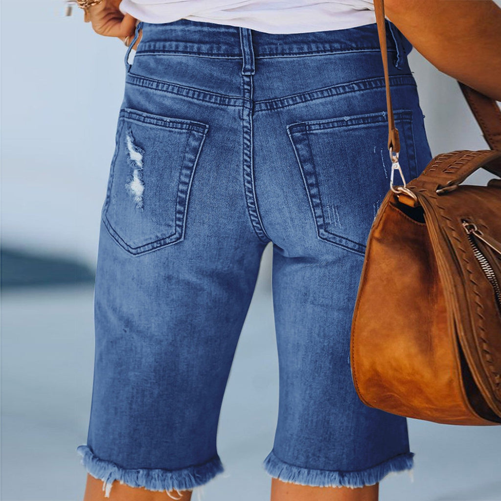Rhinestone Denim Shorts - Plus Size Frayed Hem