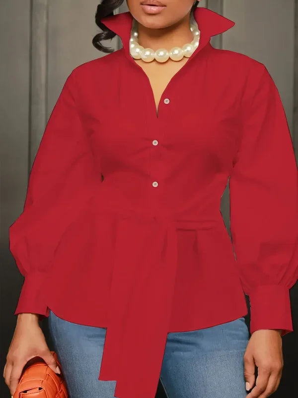 Plus Size 1XL-5XL Fashion Women‘s Solid Color Lapel Collar Blouse
