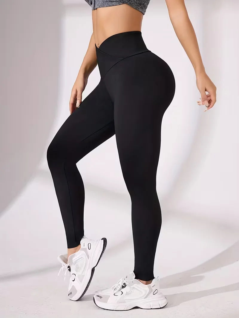 Solid Color Front Cross Waist Sports Pants Elastic Breathable Yoga