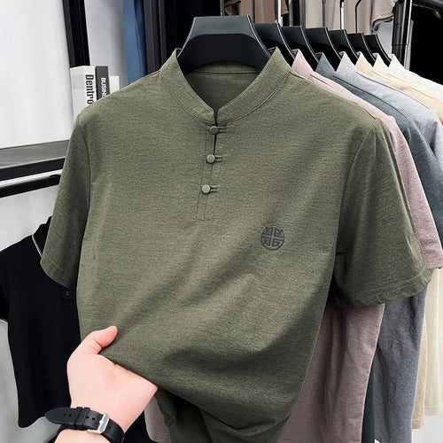 Mens Big And Tall Stand Collar Henley Shirt Short Sleeve Loose Fit