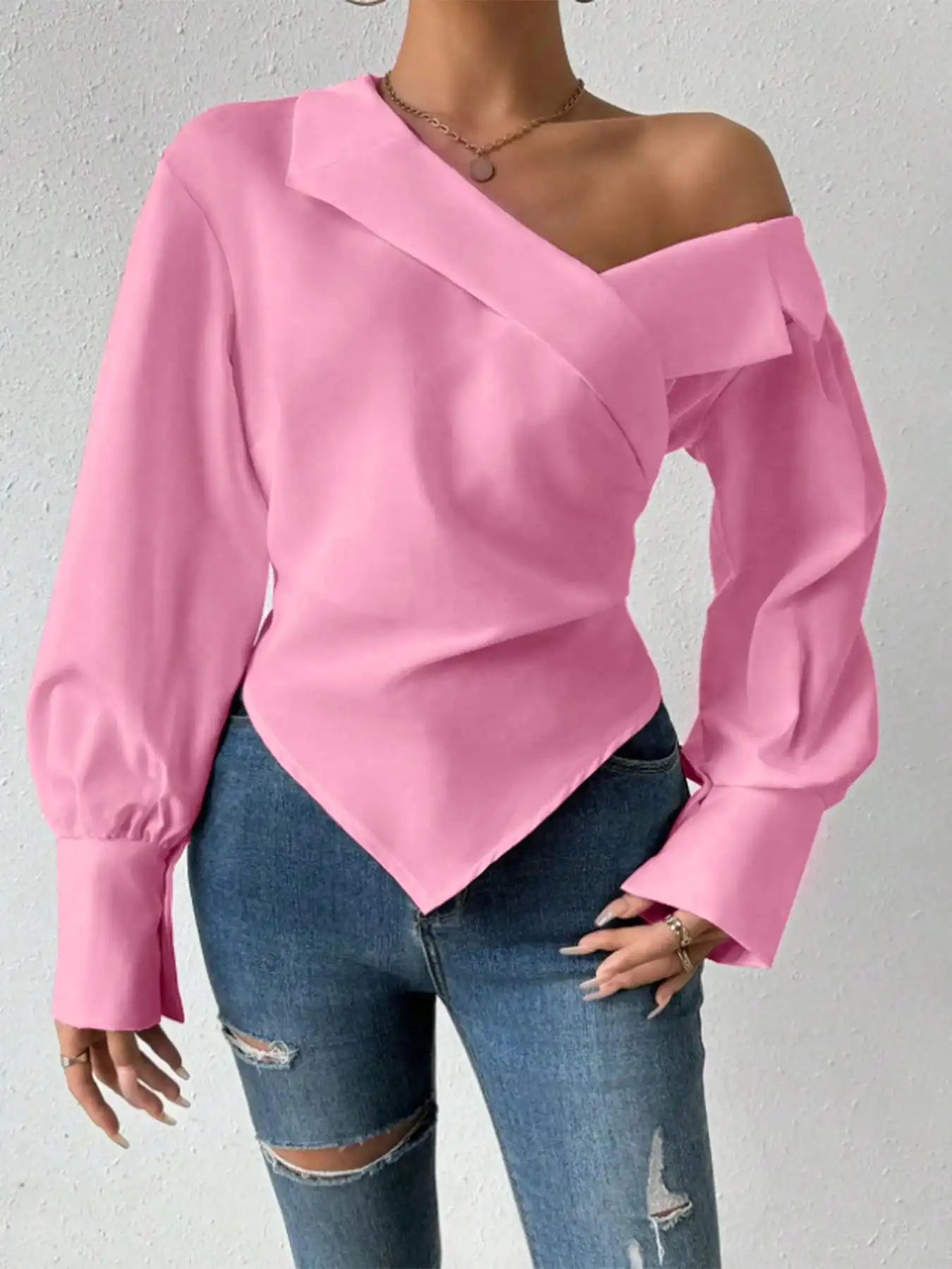 Pink Off Shoulder Cross Front Women's Blouse