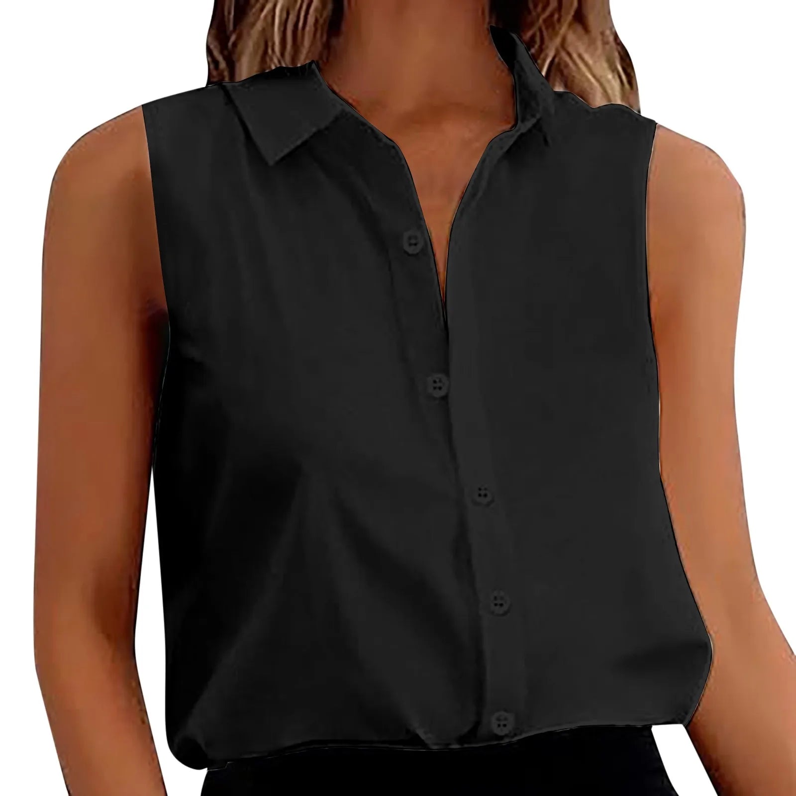 Sleeveless V-Neck Blouse - Button-Down Chiffon Tank Top