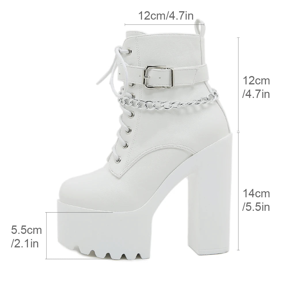 Gdgydh Women's Chain Decor Block Heeled Boots Fashion Lace Up Side