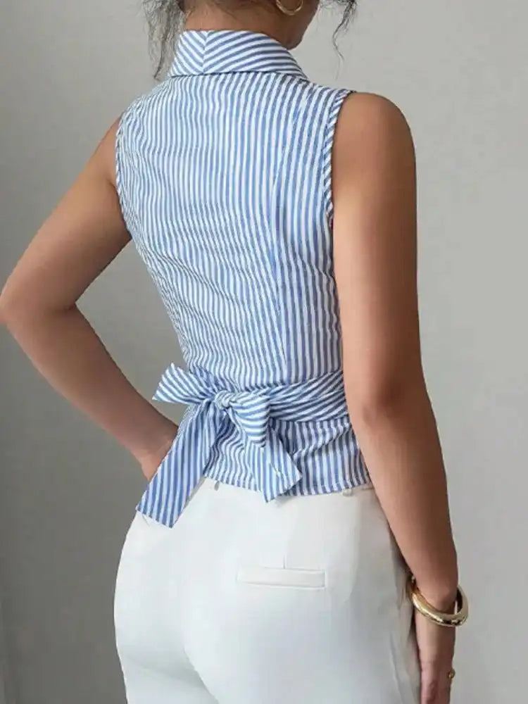Striped V-Neck Sleeveless Blouse