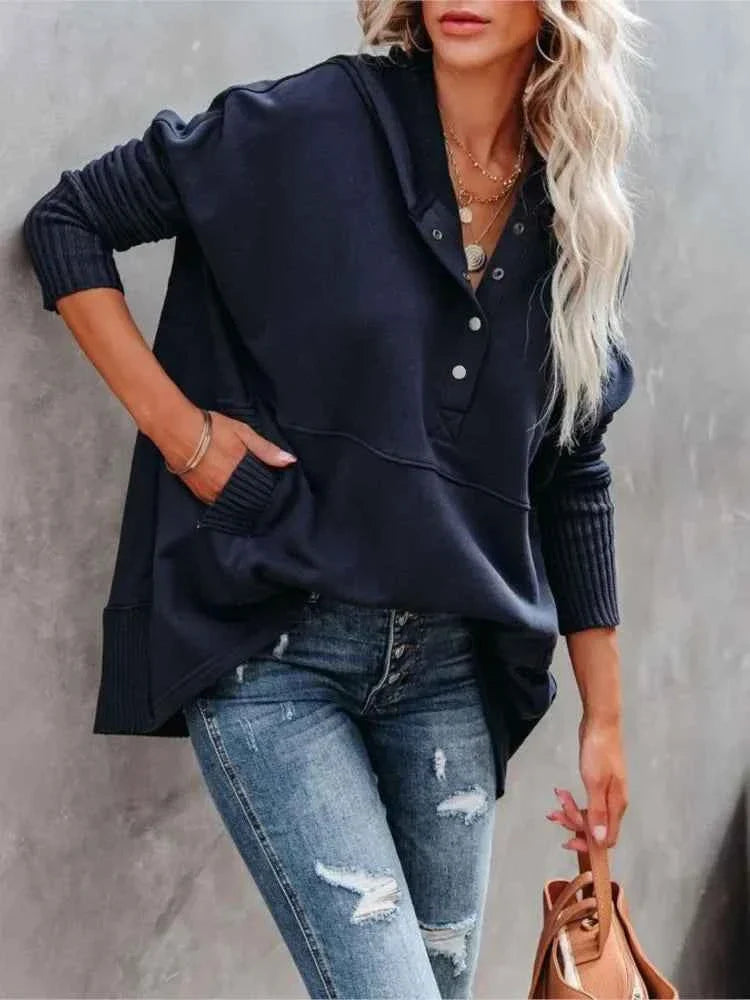 White Hooded Women's Sweatshirt - Casual Batwing Sleeve Pullover