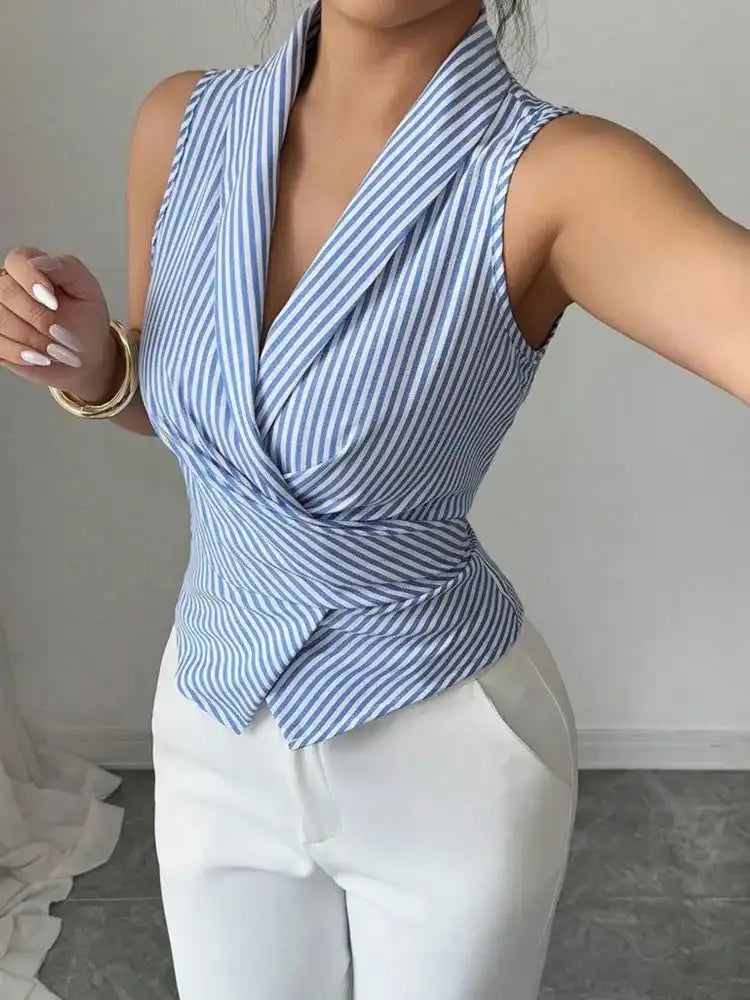 Striped V-Neck Sleeveless Blouse