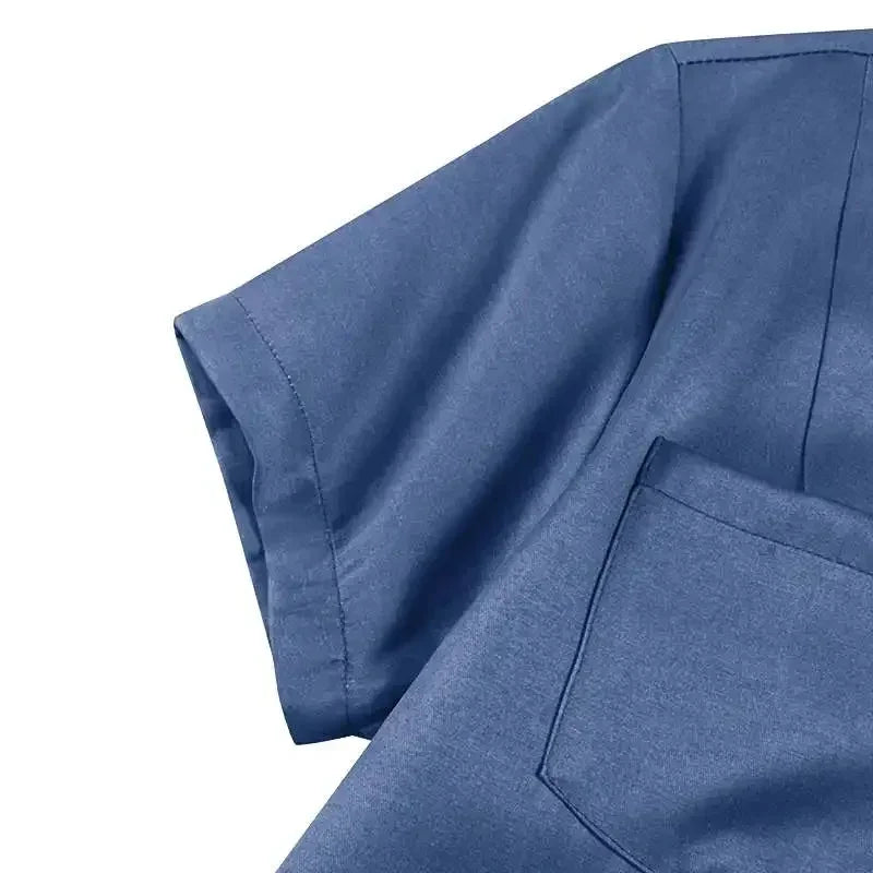 2024 Women New Lapel Pocket Splicing Casual Short Sleeved Solid Color Large Swing Denim Dress Loose Single Breasted Shirt Dress