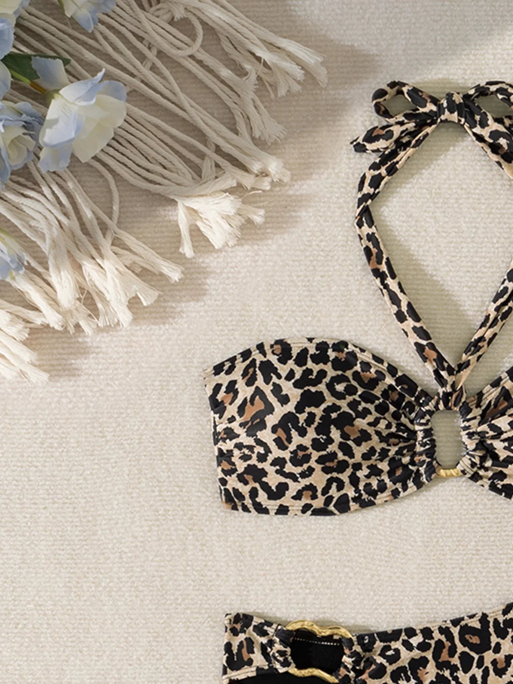Leopard Print High-Waisted Bikini Set - Hollow Out