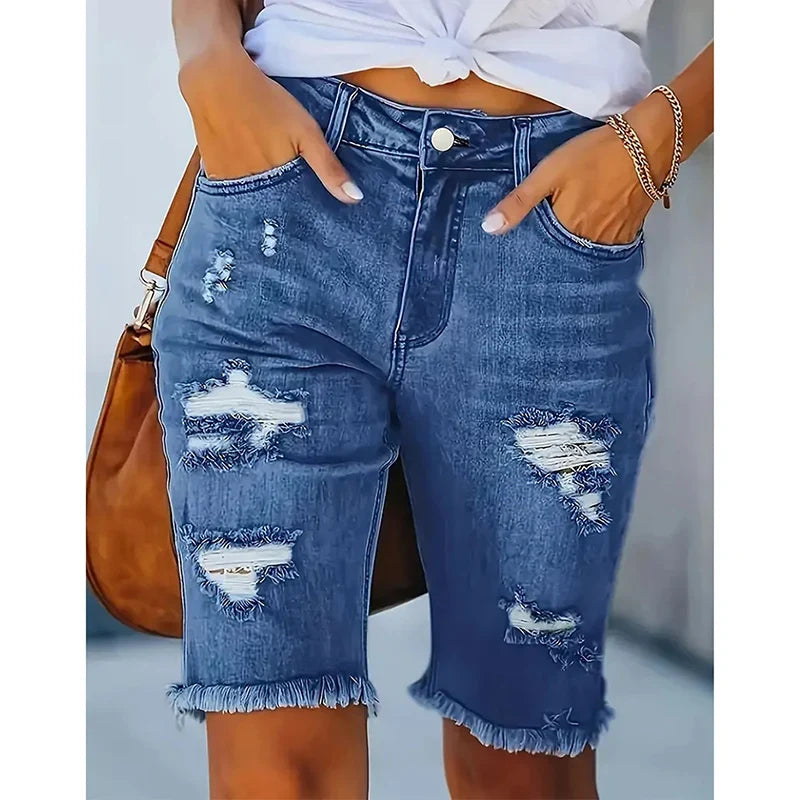 Ripped High-Waist Denim Shorts