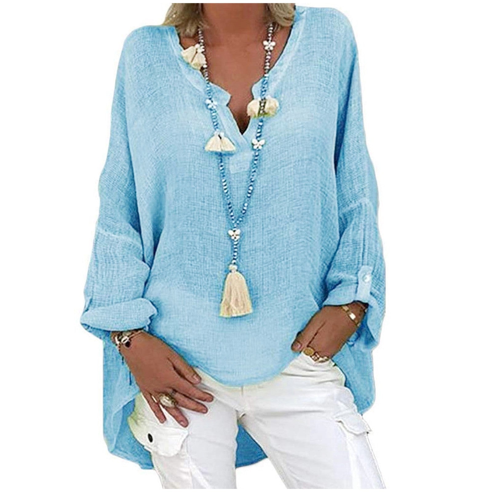 Plus Size V-Neck Blouse - Casual Short Sleeve Summer Top