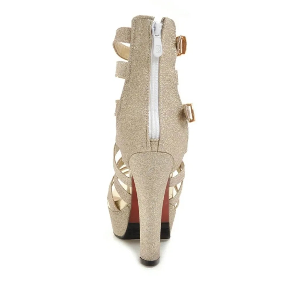 Plus Size 48 Women Sandals Pumps Fashion Peep Toe 12cm High Heels Sexy Back Zip Platform Sandals C-5