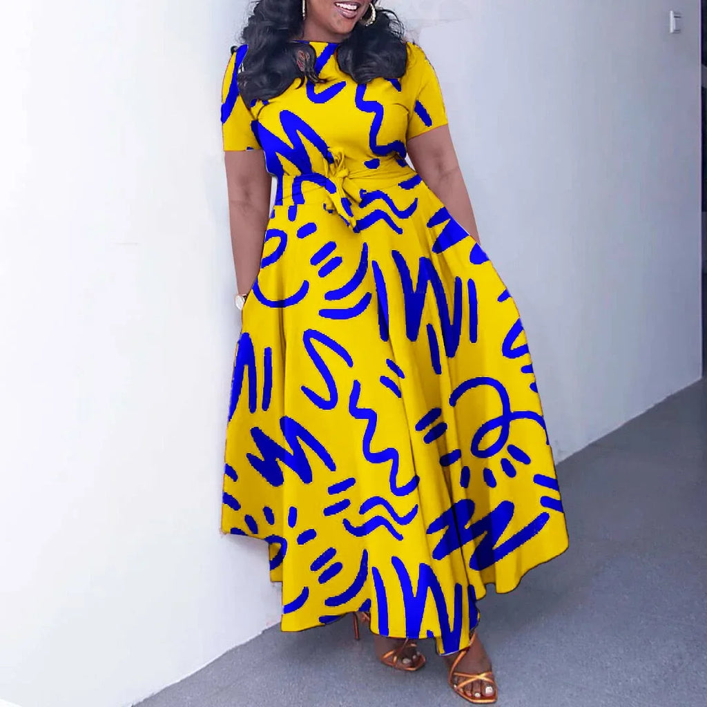 Printed Belted Dress Elegant  Knee-Length Round Neck Short Sleeve Dress