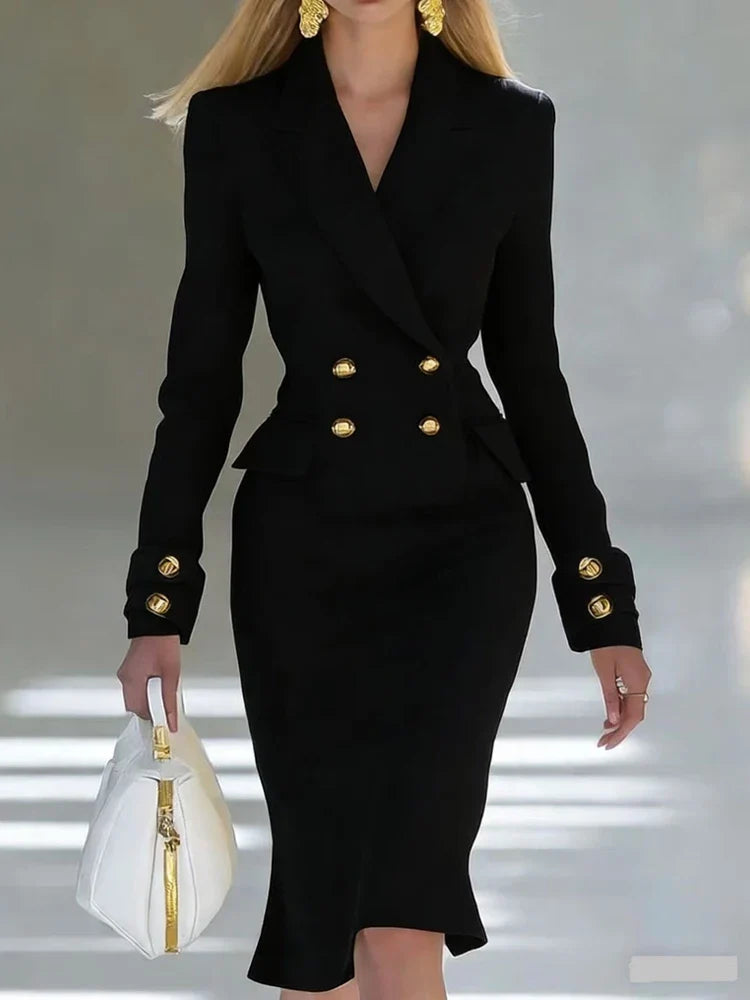 Women's V-Neck Double Breasted Dress – Knee-Length Office Dress