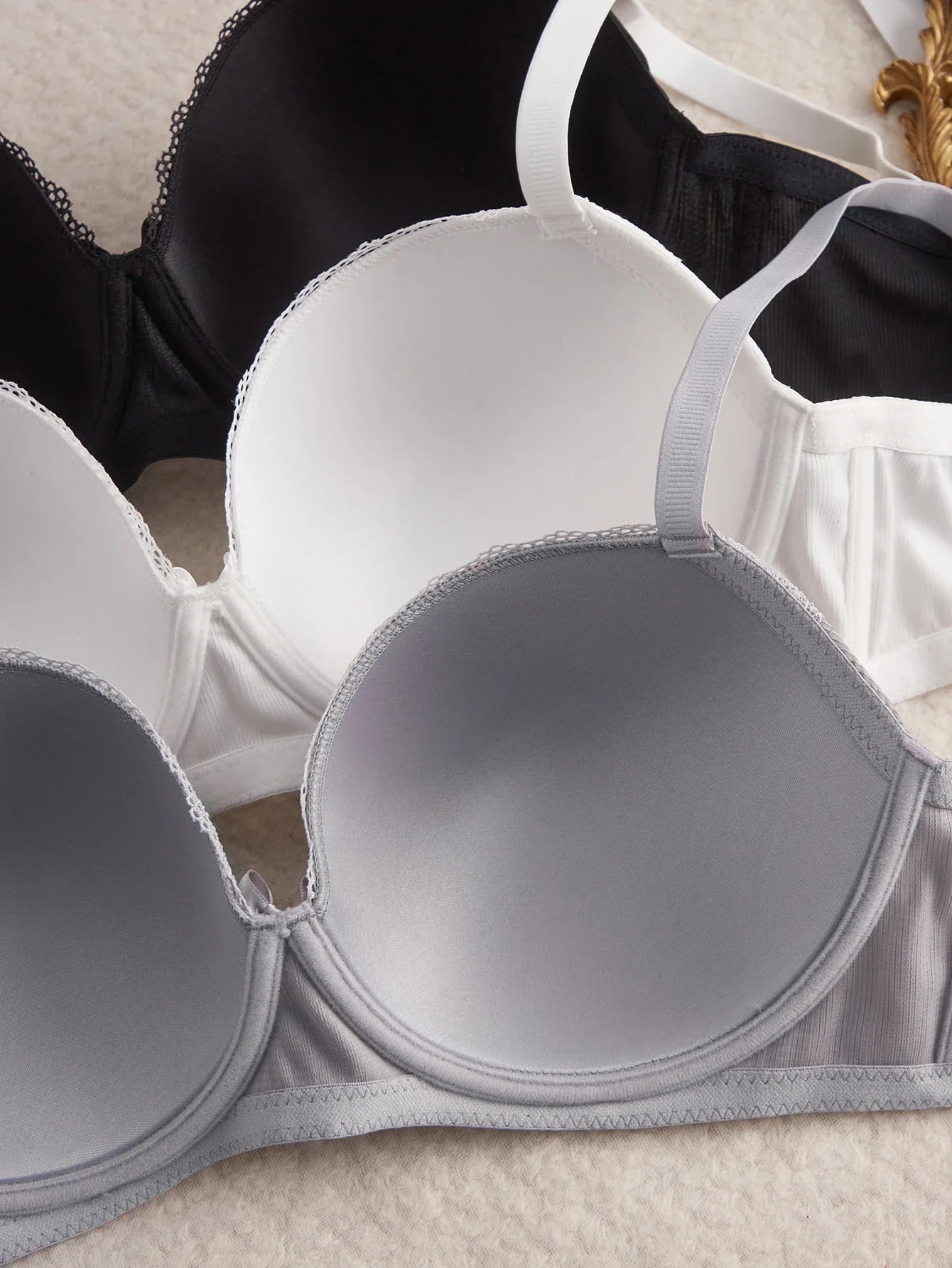 3PCS Plus Size Women's Underwear Set Lace Trim Ribbed Push up Bra Wide Shoulder Straps Underwire Thin Cup Comfy Lingerie Bra