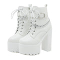 Gdgydh Women's Chain Decor Block Heeled Boots Fashion Lace Up Side