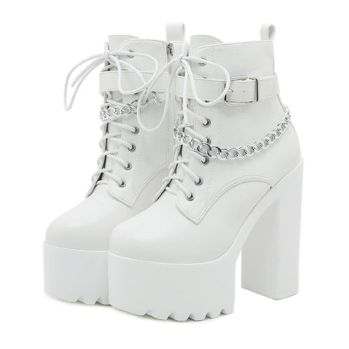 Gdgydh Women's Chain Decor Block Heeled Boots Fashion Lace Up Side