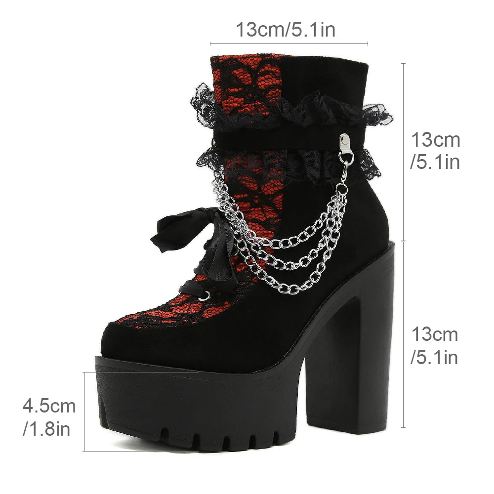 Gdgydh Vintage Gothic Lace Ankle Boots for Women Chunky Heel Side