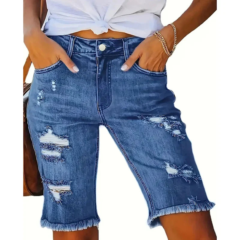 Ripped High-Waist Denim Shorts