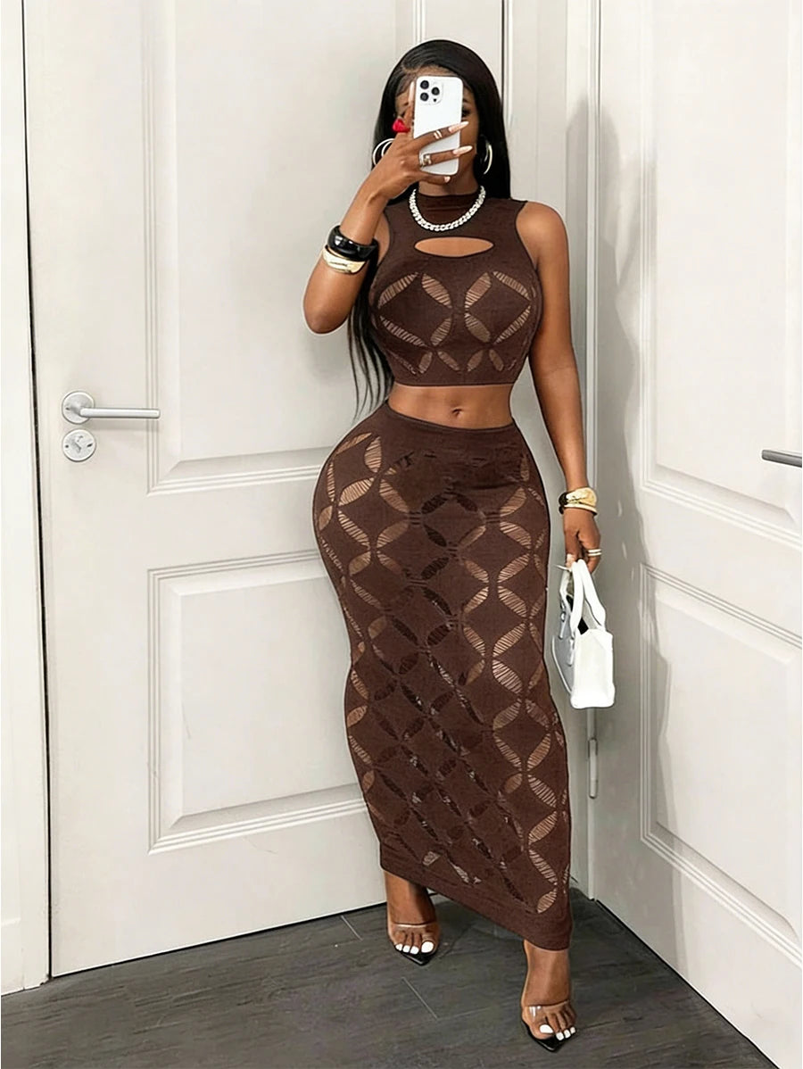 FHSEER Plus Size 2PCS Women's Sexy Set See Through Mesh Hollow Out