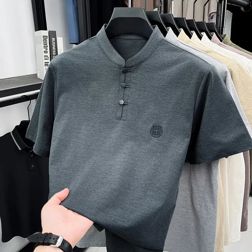 Mens Big And Tall Stand Collar Henley Shirt Short Sleeve Loose Fit