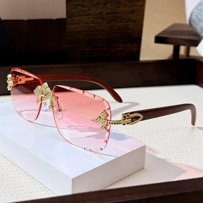 Vintage Rimless Square Cutting Lens Women Men Luxury Brand Designer Sunglasses Popular Punk Diamond Cross Sun Glasses UV400