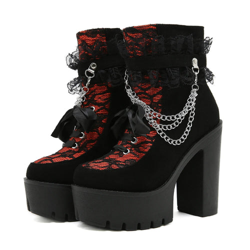 Gdgydh Vintage Gothic Lace Ankle Boots for Women Chunky Heel Side
