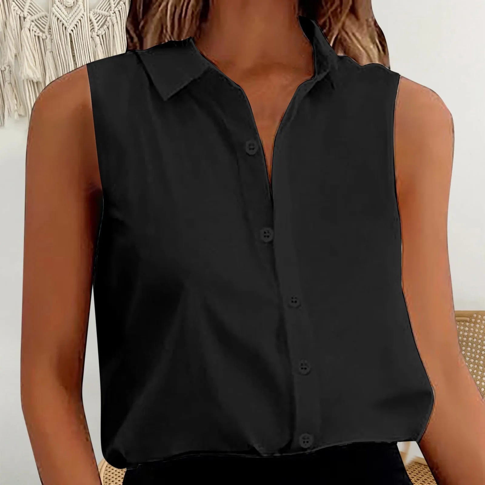 Sleeveless V-Neck Blouse - Button-Down Chiffon Tank Top