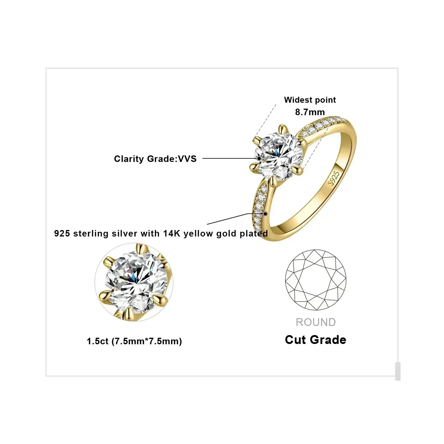 JewelryPalace Moissanite D Color 0.5ct 1ct 1.5ct 2ct 3ct Round S925 Sterling Silver Wedding Engagement Ring for Women
