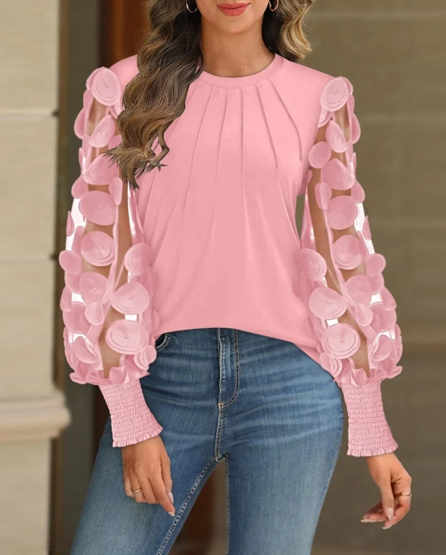 Women Fashion Mesh long Sleeve Round Neck Loose Blouse
