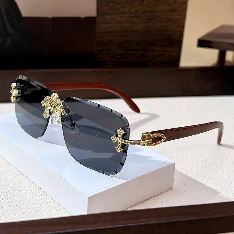 Vintage Rimless Square Cutting Lens Women Men Luxury Brand Designer Sunglasses Popular Punk Diamond Cross Sun Glasses UV400