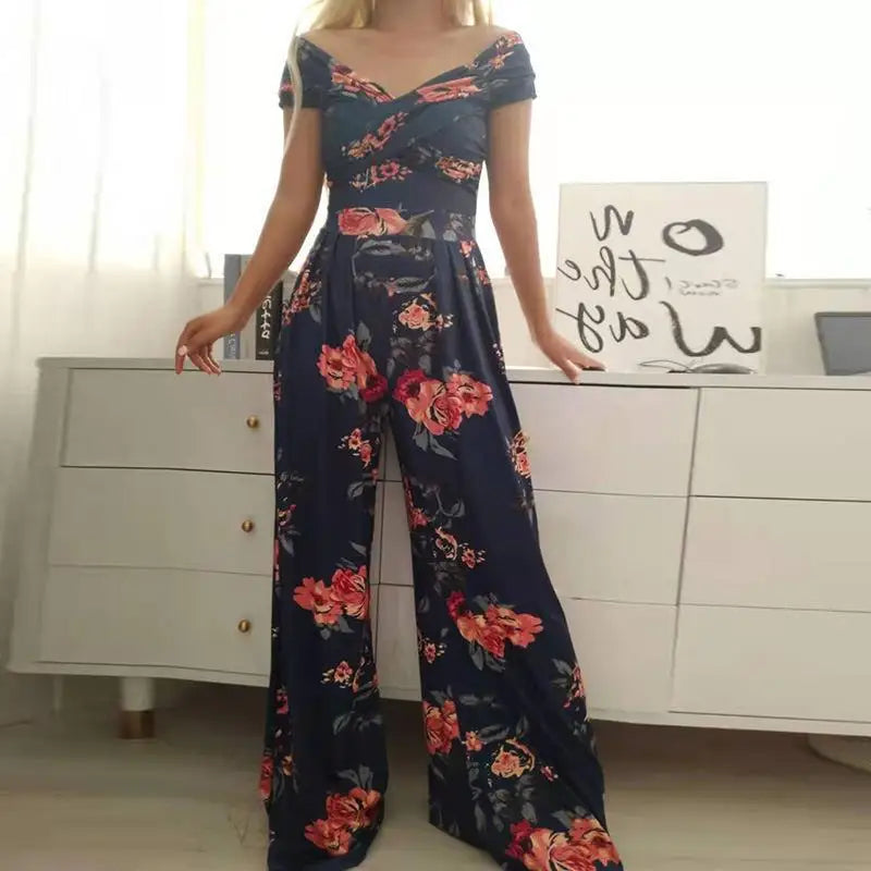 Women's Printed Off-Shoulder High Waist Jumpsuit – Sleeveless Casual One-Piece | 6 Colors