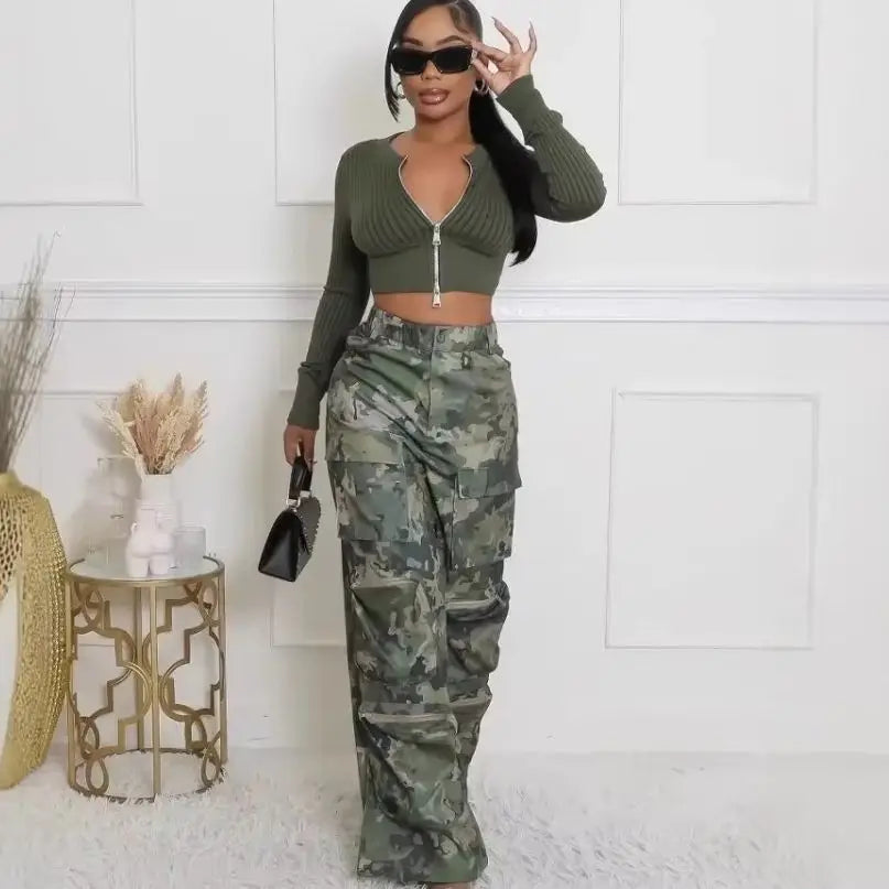 Camouflage High Waist Cargo Pocket Pants
