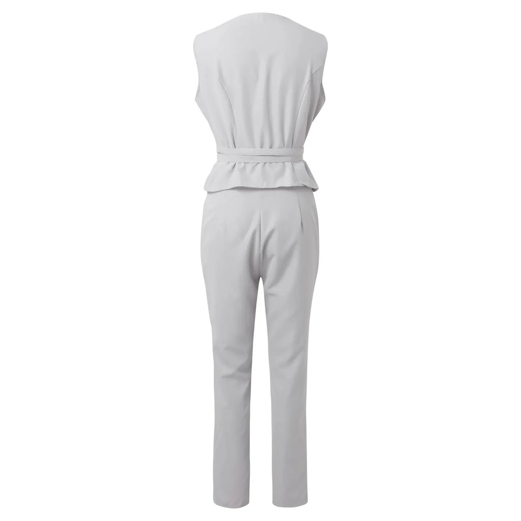 2-Piece Pantsuit Set - V-Neck Top and Trousers