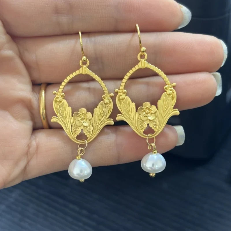 Bohemian Pearl Drop Earrings - Silver Plant Pattern