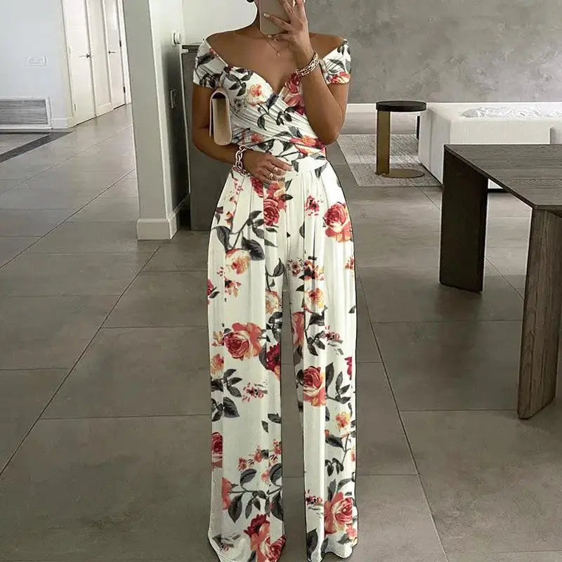 Women's Printed Off-Shoulder High Waist Jumpsuit – Sleeveless Casual One-Piece | 6 Colors