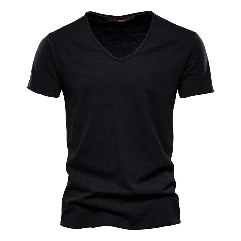S-5XL 100% Cotton Men's T-Shirts Fashion Design V-neck Casual Slim Fit