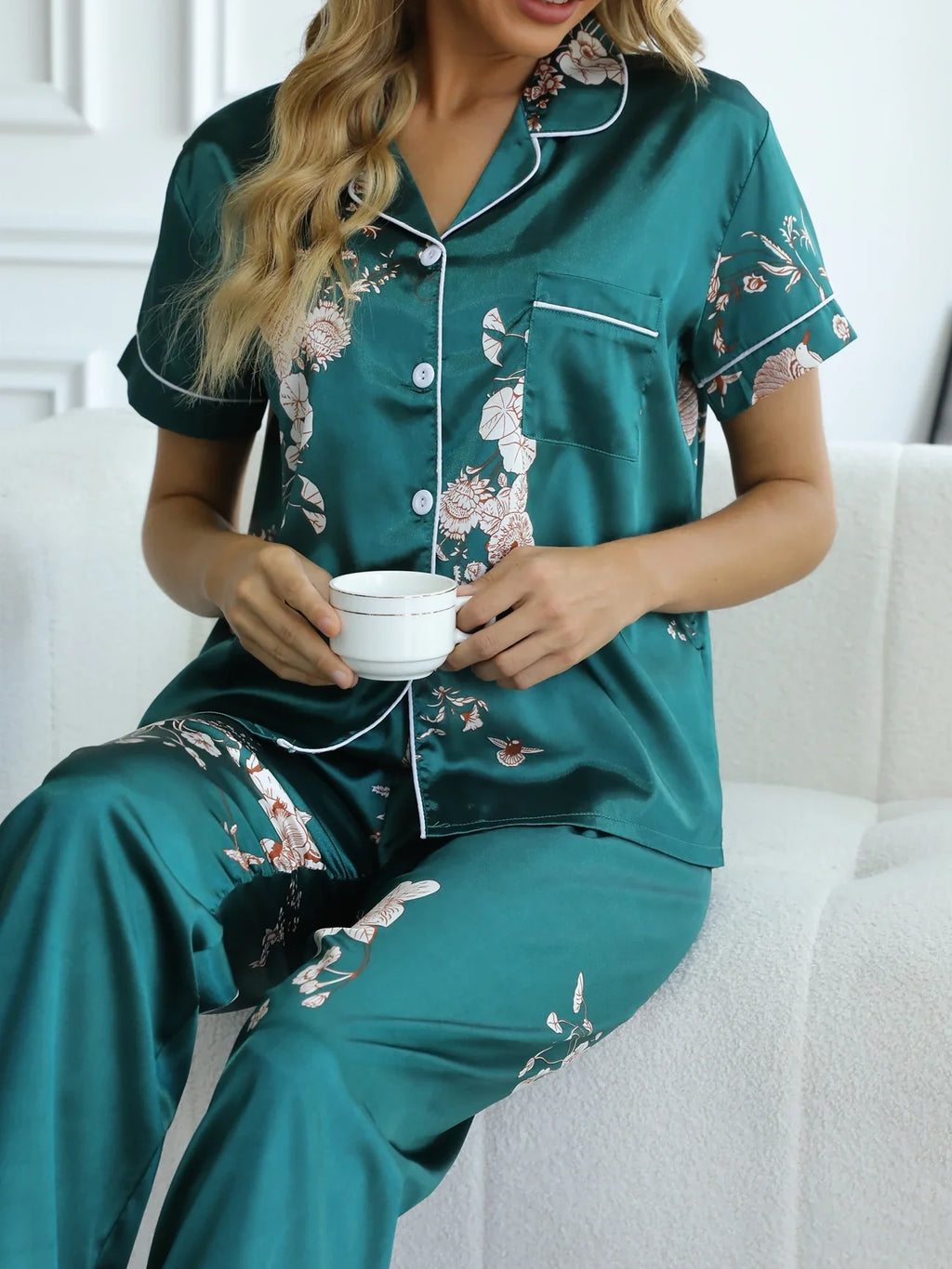 Green Floral Satin Pajamas - Smooth & Comfortable Short Sleeve Women's Loungewear