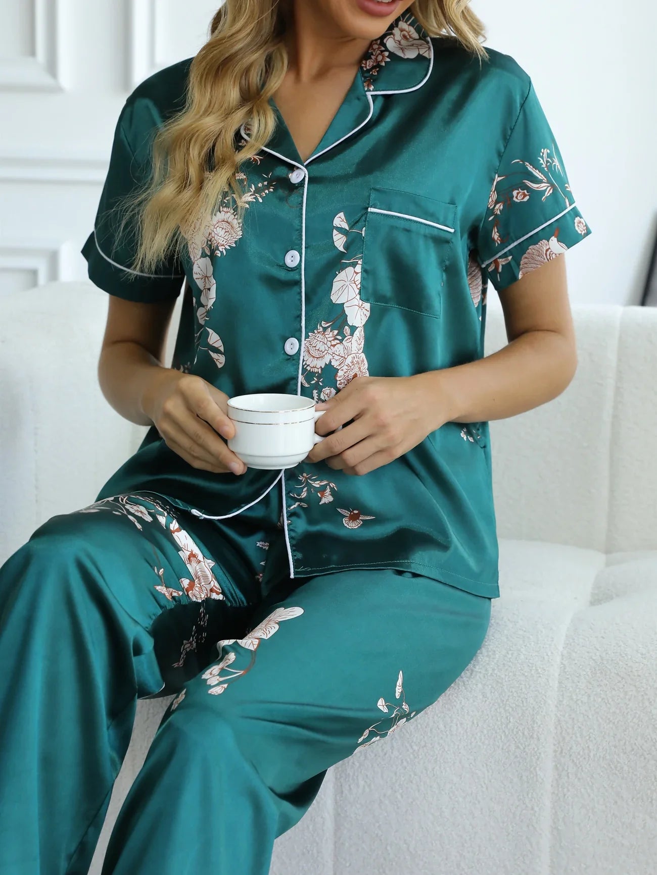 Green Floral Satin Pajamas - Smooth & Comfortable Short Sleeve Women's Loungewear