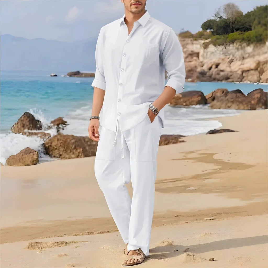 Men's Casual Long-Sleeved Set, Solid Shirt and Pants - Comfortable and Fashionable Two-Piece Set All Year Round