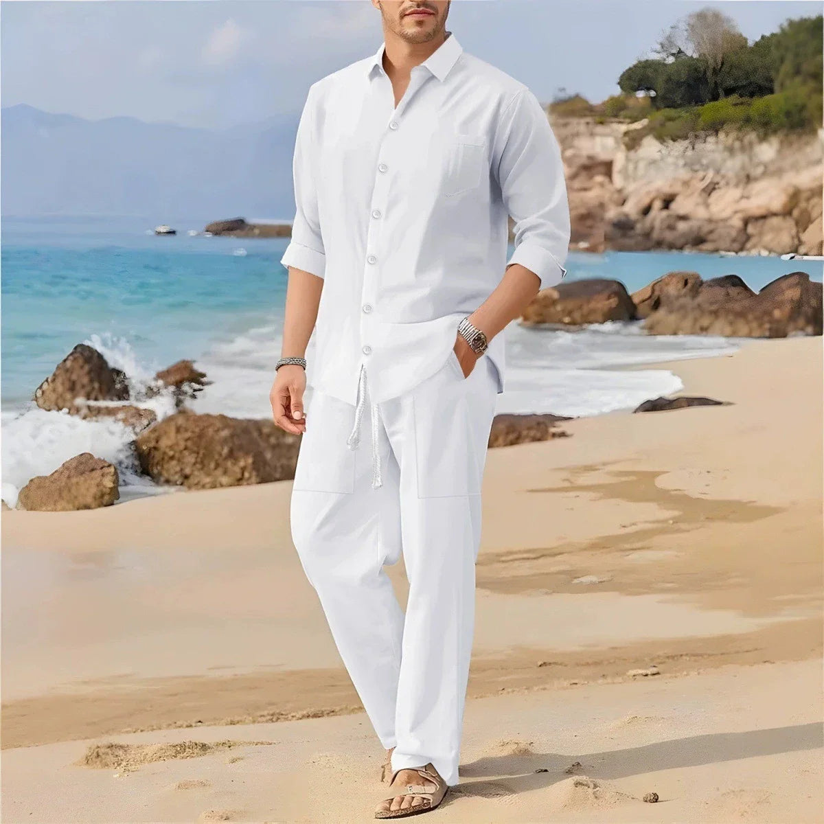 Men's Casual Long-Sleeved Set, Solid Shirt and Pants - Comfortable and Fashionable Two-Piece Set All Year Round