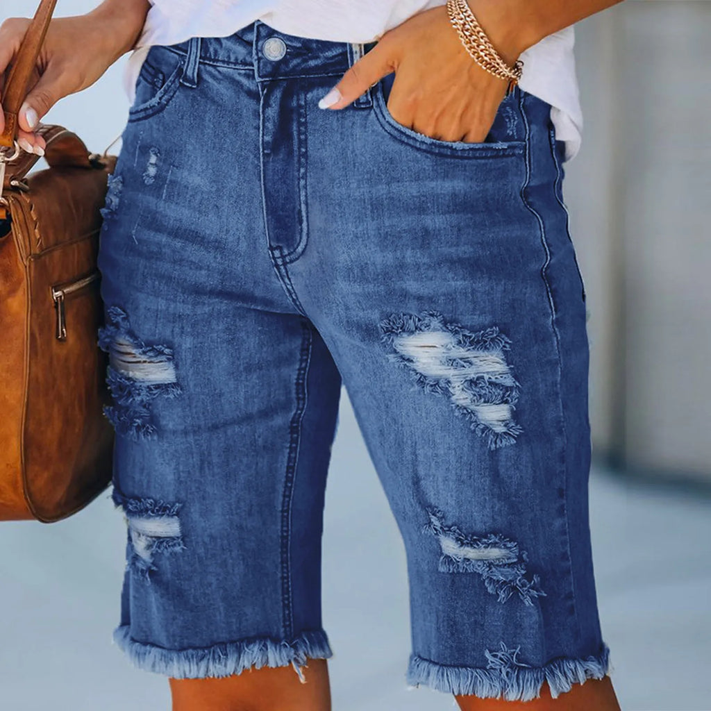 Rhinestone Denim Shorts - Plus Size Frayed Hem