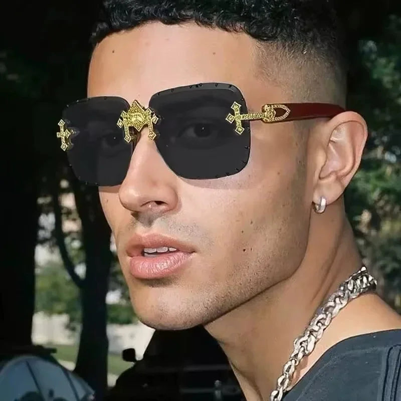 Vintage Rimless Square Cutting Lens Women Men Luxury Brand Designer Sunglasses Popular Punk Diamond Cross Sun Glasses UV400