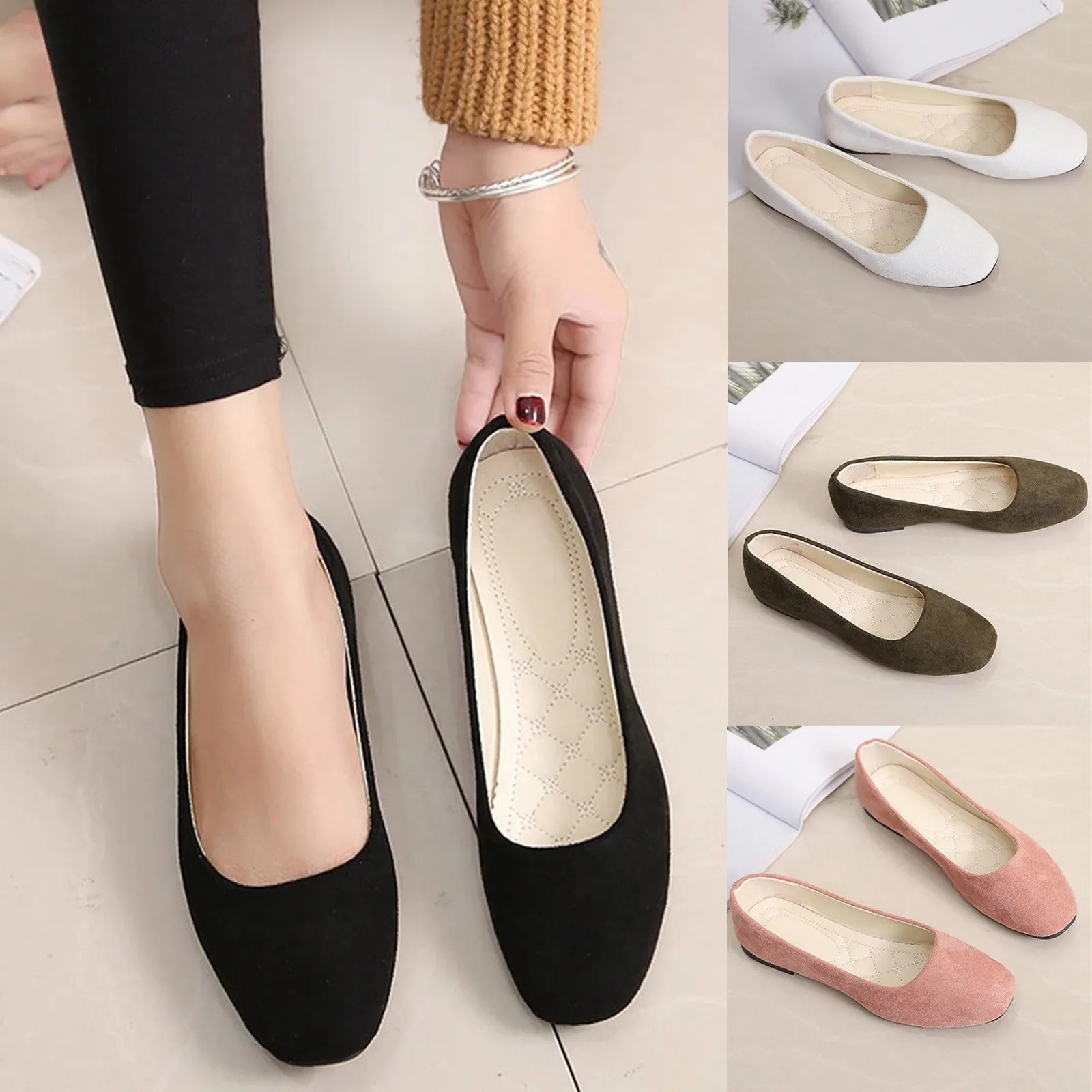 2025 Women Suede Square Flat Heel Shallow Female Shoes Spring Summer