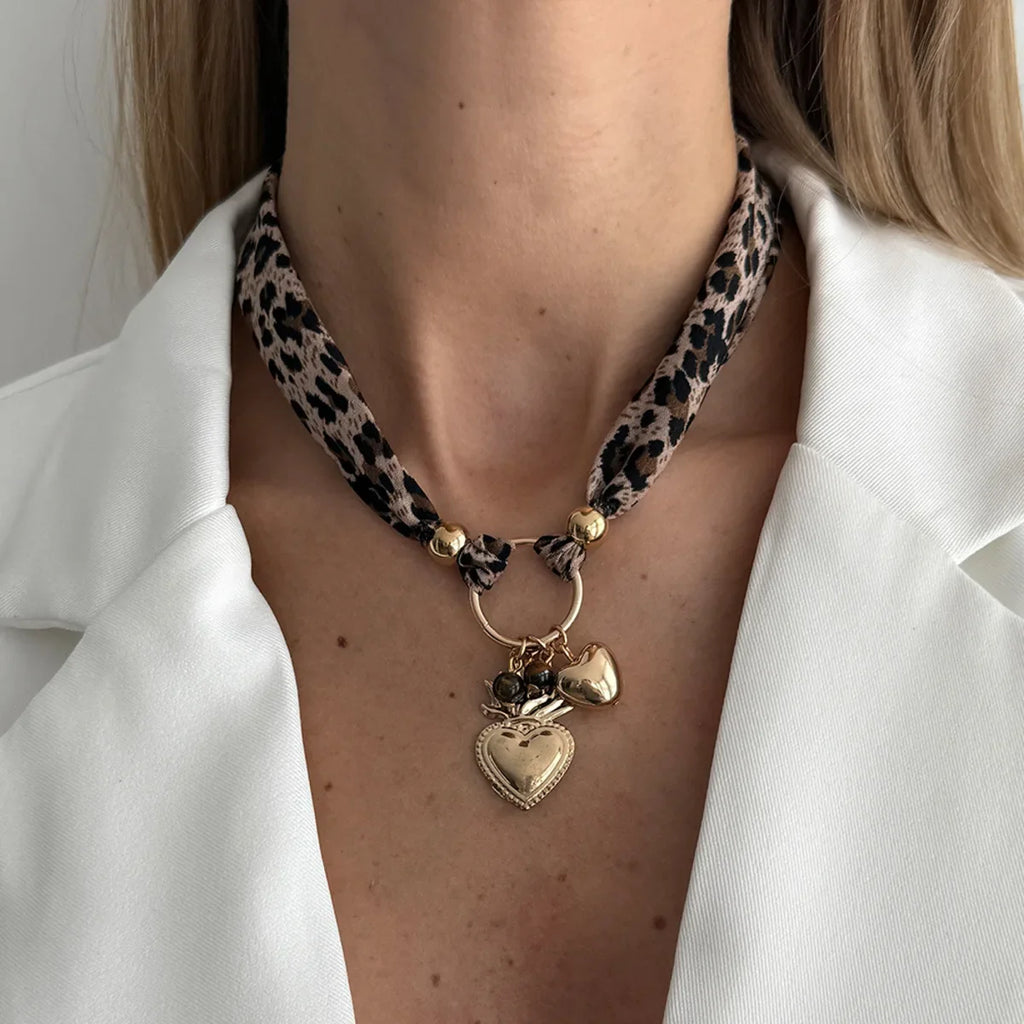 Leopard Print Choker Necklace - Heart Pendant