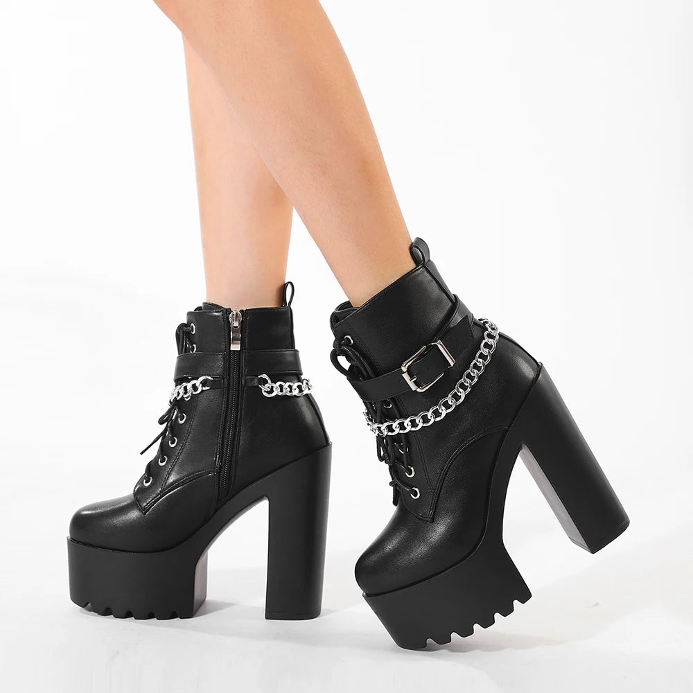 Gdgydh Women's Chain Decor Block Heeled Boots Fashion Lace Up Side