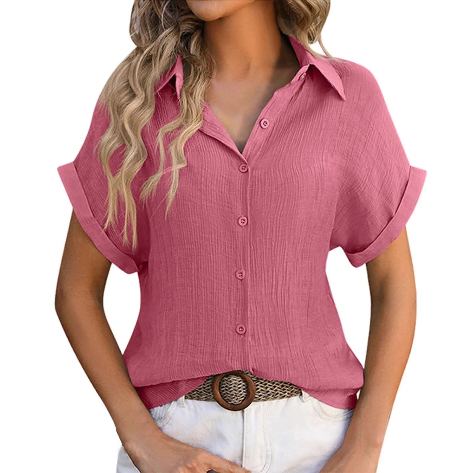 Cotton Linen Shirt - Rolled Short Sleeve Button-Up Blouse
